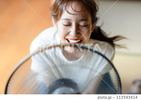 扇風機で涼むかわいい女性 扇風機で涼むかわいい女性 113593814