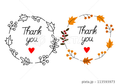 Black and white and color abstract round frame with autumn leaves and lettering Thank you Set of 2 113593973