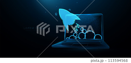 Laptop with a rocket. Social media marketing. Business startup. Low polygonal, wireframe, and mesh illustration Laptop with a rocket. Social media marketing. Business startup. Low polygonal, wireframe, and mesh illustration 113594568