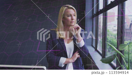 Image of data processing over caucasian businesswoman in office 113594914