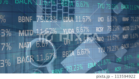 Image of stock market data processing over close up of office equipment on wooden surface 113594922