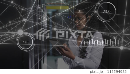 Image of network of connections over african american woman using smartphone 113594983