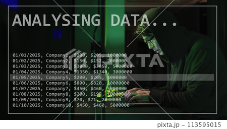 Image of connections and data processing over male asian hacker using computer 113595015