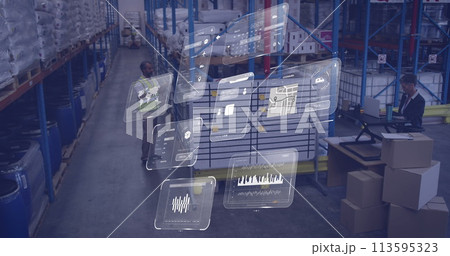 Image of data processing on screens over diverse people working in warehouse Image of data processing on screens over diverse people working in warehouse 113595323