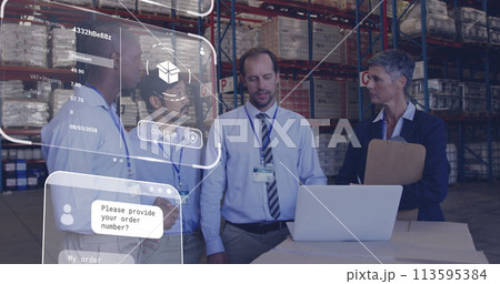 Image of data processing on screen over diverse people working in warehouse 113595384