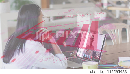 Image of statistics recording over woman using laptop on image call 113595488