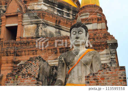タイの世界文化遺産の古都アユタヤ　ワットヤイチャイモンコン寺院の仏塔と仏像 113595558