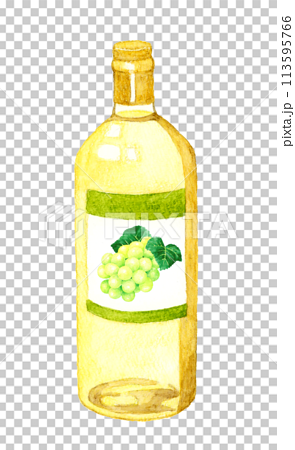 白ワインのボトル　飲み物（お酒）の手描き水彩イラスト素材 113595766