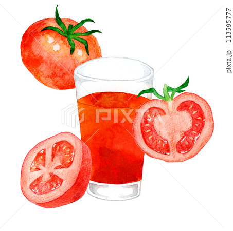 トマトジュース　飲み物の手描き水彩イラスト素材 113595777