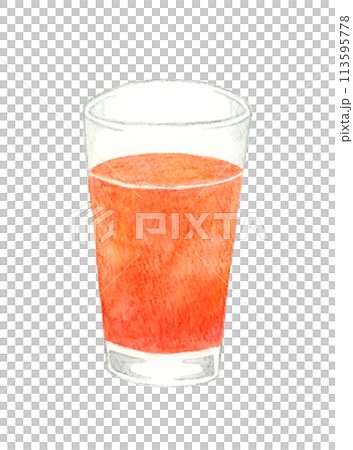 グレープフルーツジュース（ピンクグレープフルーツ）　飲み物の手描き水彩イラスト素材 113595778