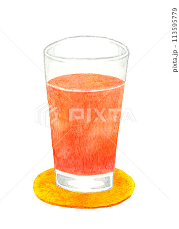 グレープフルーツジュース（ピンクグレープフルーツ）　飲み物の手描き水彩イラスト素材 113595779