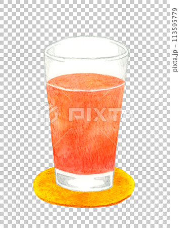 グレープフルーツジュース（ピンクグレープフルーツ）　飲み物の手描き水彩イラスト素材 113595779