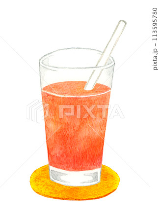 グレープフルーツジュース（ピンクグレープフルーツ）　飲み物の手描き水彩イラスト素材 113595780