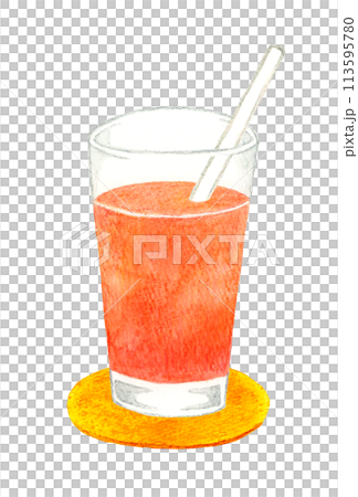 グレープフルーツジュース（ピンクグレープフルーツ）　飲み物の手描き水彩イラスト素材 113595780