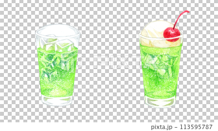 A set of melon soda and melon cream soda. Hand-drawn watercolor illustration of a drink A set of melon soda and melon cream soda. Hand-drawn watercolor illustration of a drink 113595787