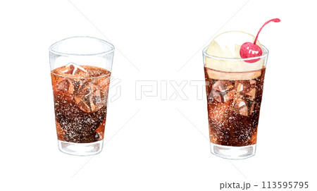 コーラとコーラフロートのセット　飲み物の手描き水彩イラスト素材 113595795