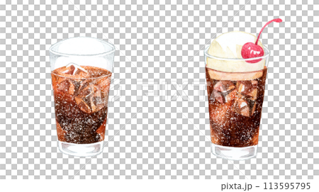 コーラとコーラフロートのセット　飲み物の手描き水彩イラスト素材 113595795