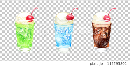 ソーダフロートのセット　飲み物の手描き水彩イラスト素材 113595802