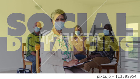 Image of social distancing text over senior people wearing face masks 113595954