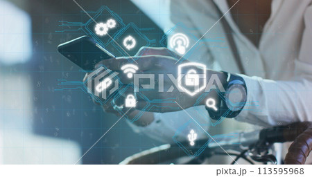 Image of network of digital icons over woman using smartphone Image of network of digital icons over woman using smartphone 113595968