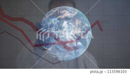 Image of red lines recording with globe over male doctor holding vaccination wearing face mask Image of red lines recording with globe over male doctor holding vaccination wearing face mask 113596103