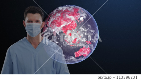 Image of globe with red covid 19 cases over man wearing face mask 113596231
