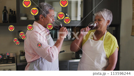 Image of heart love icons over senior couple drinking wine at home 113596244