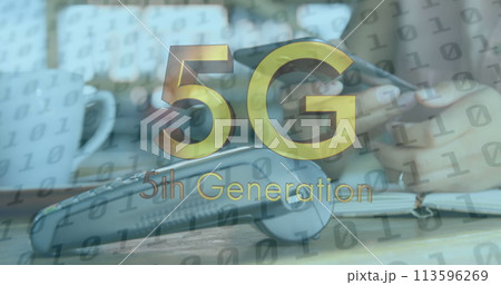 Image of 5g 5th generation text over woman paying with smartphone 113596269