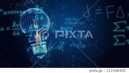 Image of light bulb and mathematical data processing 113596405