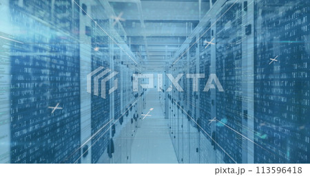 Image of data processing and markers moving over computer servers 113596418