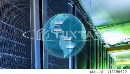 A digital globe highlights global connectivity in a server room A digital globe highlights global connectivity in a server room 113596430