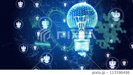 Image of light bulb, connections with chat bot icons and data processing 113596486