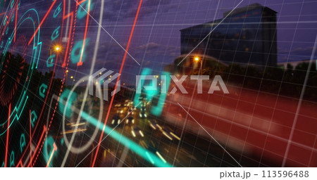 Image of scope scanning over cityscape and grid in background 113596488