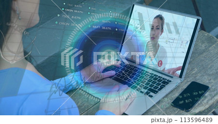 Image of scope scanning and data processing over woman using laptop on image call 113596489