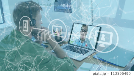 Image of icons and network of connections over man using laptop on image call Image of icons and network of connections over man using laptop on image call 113596490