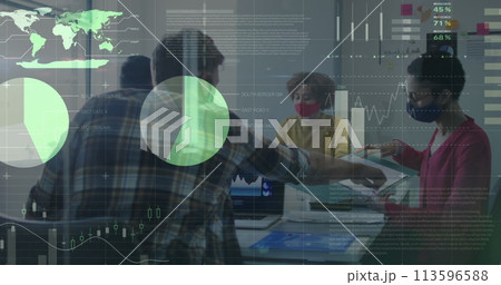 Image of statistics recording over man team of colleagues in office wearing face masks 113596588