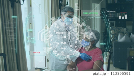 Image of covid 19 cell and data processing over senior woman being examined wearing face mask Image of covid 19 cell and data processing over senior woman being examined wearing face mask 113596591
