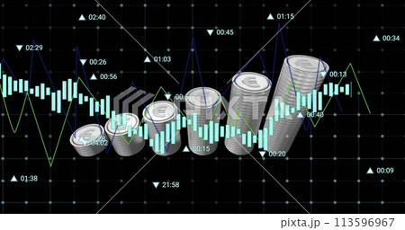Image of financial data processing over silver coins Image of financial data processing over silver coins 113596967