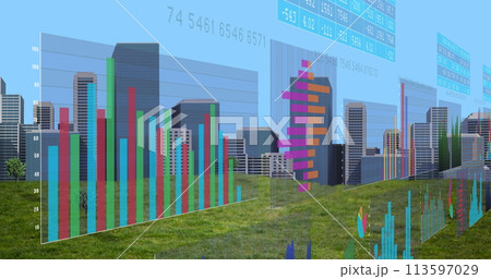 Image of financial data processing over cityscape 113597029