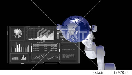 Image of data processing over robot's arm holding globe on black background Image of data processing over robot's arm holding globe on black background 113597035