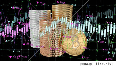 Image of financial data processing over gold coins 113597151