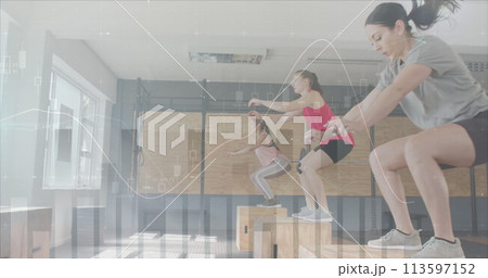 Image of data processing on graph over diverse women jumping on boxes cross training at gym 113597152