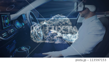 Image of a cloud of network connections with man in vr headset using self driving car 113597153