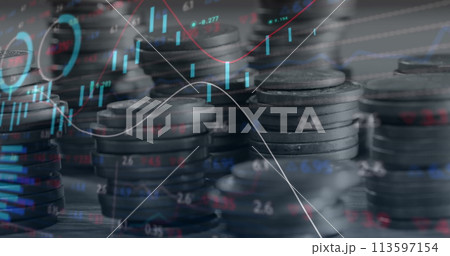 Image of financial data processing over stacks of coins 113597154
