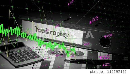 Image of financial data processing over calculator, bankruptcy file and coins 113597155