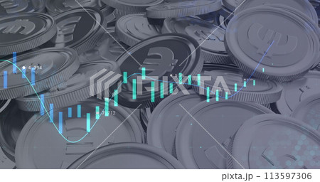 Image of financial data processing over euro currency coins 113597306
