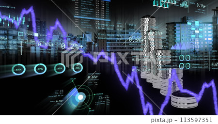 Image of financial data processing over stacks of coins and cityscape Image of financial data processing over stacks of coins and cityscape 113597351