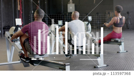 Image of data on graph over diverse woman and men training on rowing machines at gym 113597368