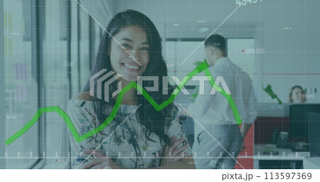 Image of interface with data and smiling businesswoman and colleagues working in office 113597369