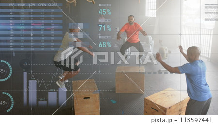 Image of data on interface over diverse male group jumping on boxes cross training at gym 113597441